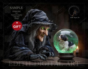 Heks digitale achtergrond, Halloween-composiet, enge heks magische kristallen bolscène, fantasieachtergrond voor huisdierenfotografie. Direct downloaden