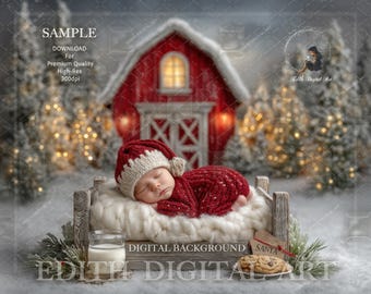 May include: A newborn baby in a red knitted outfit and hat, sleeping peacefully on a wooden bed with a fluffy white blanket. A glass of milk and cookies are placed nearby. The background features a red barn and snowy trees.