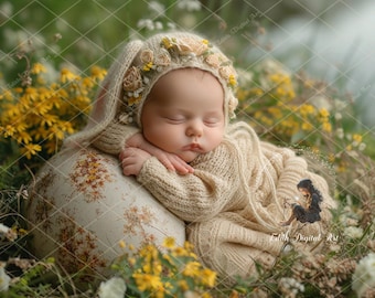 Newborn Digital Backdrop Face Photography, Easter Bunny Newborn Digital Background Composite, Newborn Face Inset Rabbit and Easter Egg Field