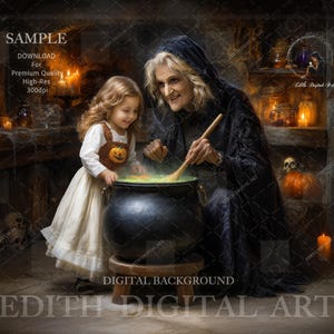 Könnte beinhalten: Ein digitaler Hintergrund mit einer Hexe und einem kleinen Mädchen an einem Kessel. Die Szene spielt in einem schwach beleuchteten Raum mit Kerzen, Kürbissen und Spinnweben und schafft ein Halloween-Thema. Der Text "SAMPLE" und "EDITH DIGITAL ART" sind sichtbar.