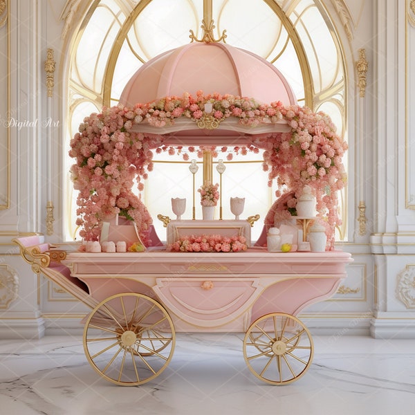 Candy Cart Dessert Backdrop, Luxury Pink Floral Ice Cream Cart Digital Background Photography Composite, Sweet Cart Overlay Photo Prop,