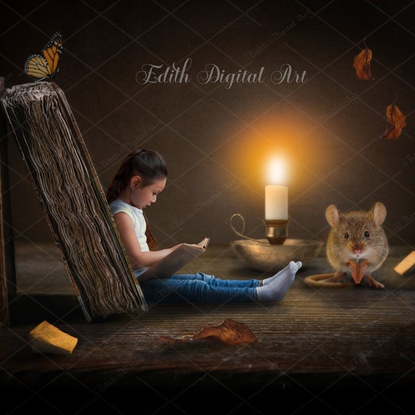 Fairytale Digital Backdrop for kids, Enchanted Background for Toddler, Book Shelf With Mouse Photography Composite for Photoshop Overlay.