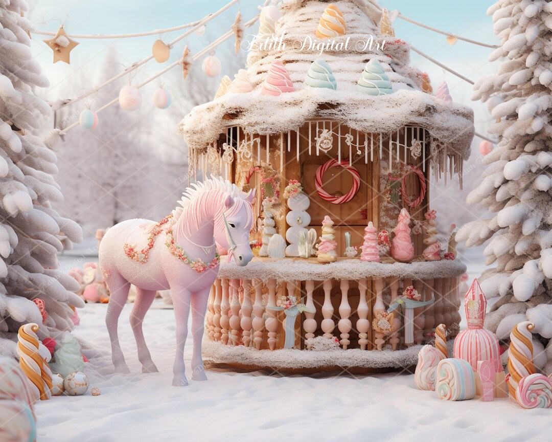 Christmas Digital Backdrop Gingerbread Cart Background With Horse