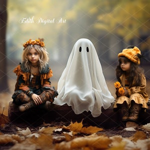 Kompozycja fotograficzna z duchami na tle tła dla dzieci, cyfrowe tło na Halloween, duch siedzący na kłodzie, nakładka fotograficzna z zaczarowanym jesiennym lasem