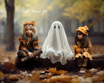 Ghost Backdrop Photography Composite for Kids, Halloween Digital Backdrop, Ghost Sitting on Log, Enchanted Autumn Forest Photo Overlay