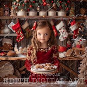 May include: A young girl in a red velvet dress holds a plate of cookies in a Christmas-themed setting. The background features a wooden shelf with Christmas stockings, gingerbread cookies, and festive decorations. The image has a warm, inviting atmosphere.