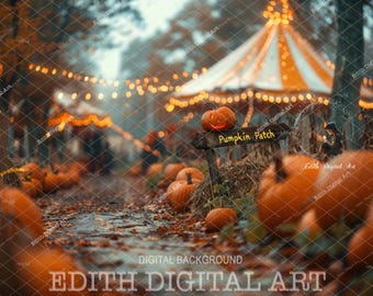 Fall Digital Backdrop, Pumpkin Patch Road Scene, Autumn Halloween Background for Kids & Pets Outdoor Portraits, Instant Download Composite