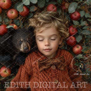 Fall Digital Backdrop with Baby Black Bear, Apple Orchard Ground, Autumn Photography Background, Outdoor Animal Composite, Instant Download