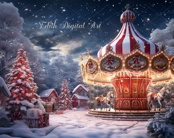 Christmas Digital Backdrop, Christmas Carousel Digital Backdrop, Fantasy Backdrop Overlay, Magical Christmas at North Pole Village Composite