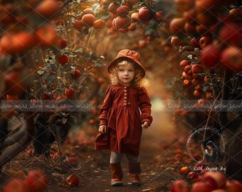Autumn Digital Backdrop For Photography, Apple Orchard Road, Digital Background Composite, Harvest, Garden, Fall, Outdoor  Photo Portraits.