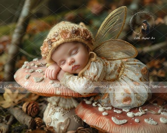 Puede incluir: Un bebé durmiendo con un disfraz de hada dorado y un gorro de crochet marrón y beige, acostado sobre una seta grande con detalles blancos.