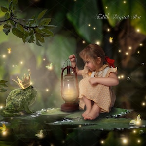 May include: A whimsical digital art piece featuring a young child in a yellow dress holding a lantern, gazing at a frog wearing a golden crown. The scene is set in a magical pond with glowing lights and butterflies.