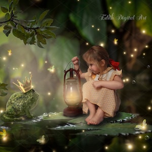 Enchanted Background Digital Backdrop, Princess Digital Backdrop, Fairytale Princess and Frog, Pond, Fireflay, Fairy Photography Composite.