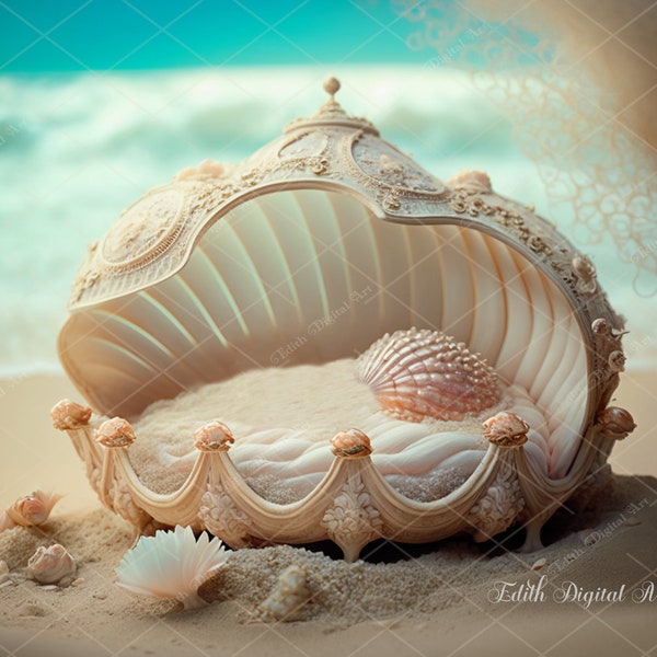 Mermaid Bed on Shell, Digital Backdrop, Fantasy Digital Background Photography Composite, Ocean Conch Sell on Sand Photoshop Overlay.