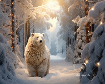 Christmas Digital Backdrop, Christmas Digital Background Photography, Polar Bear at Snowy North Pole Forest, Instant Digital Download Photo.