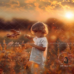 Toile de fond numérique champ d'automne, arrière-plan coucher de soleil fantaisiste, nature composite magique en plein air, prairie d'automne, portraits de photographie d'enfants