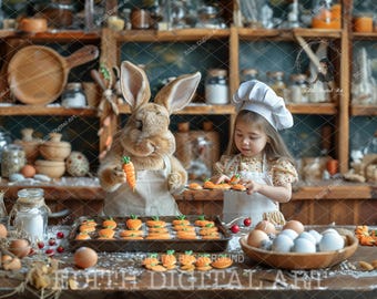 Easter Digital Backdrop Photography Composite, Bake With Easter Bunny, Spring Background, Fun Children Portrait Easter Kitchen Digital Photo
