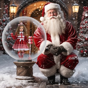 Sfondo digitale natalizio con Babbo Natale e globo di neve, sfondo fotografico natalizio con globo di neve, modello per ritratto festivo, download immediato.