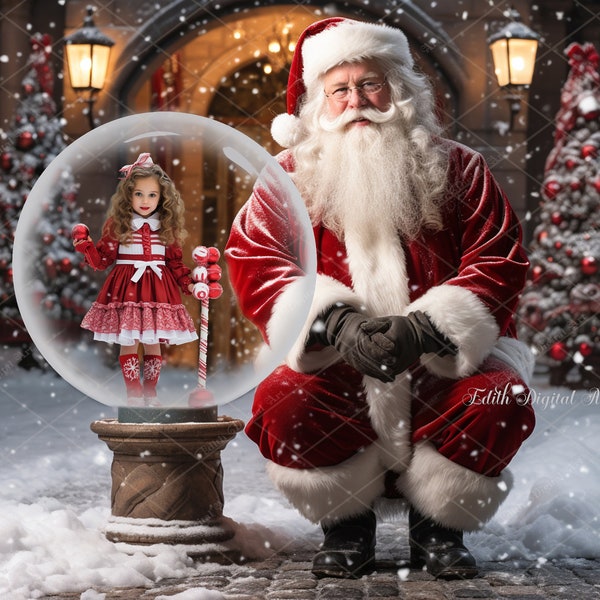 Santa With Snow Globe Christmas Digital Background, Snowglobe Christmas Backdrop Photography, Holiday Portrait Template, Instant Download.