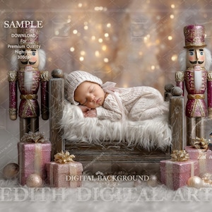 May include: A baby in a white knitted outfit and hat sleeps on a fluffy white surface in a wooden bed. Two decorative nutcrackers stand on either side, with pink gift boxes and ornaments at the base. The image has the text "SAMPLE" and "EDITH DIGITAL ART".