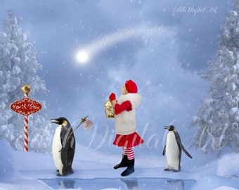 Winter Digital Background Penguins, Snow Winter North Pole , Fantasy Backdrop for Children Composite.  Christmas Digital Prop Photography.