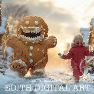 Digitale achtergrond peperkoek, rennend van peperkoekkoekjesmonster, leuke kerstachtergrond fotocomposiet, Gingerbread Village Road.