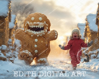 Gingerbread Digital Backdrop, Running from Gingerbread  Cookie Monster, Fun Christmas Background Photo Composite, Gingerbread Village Road.