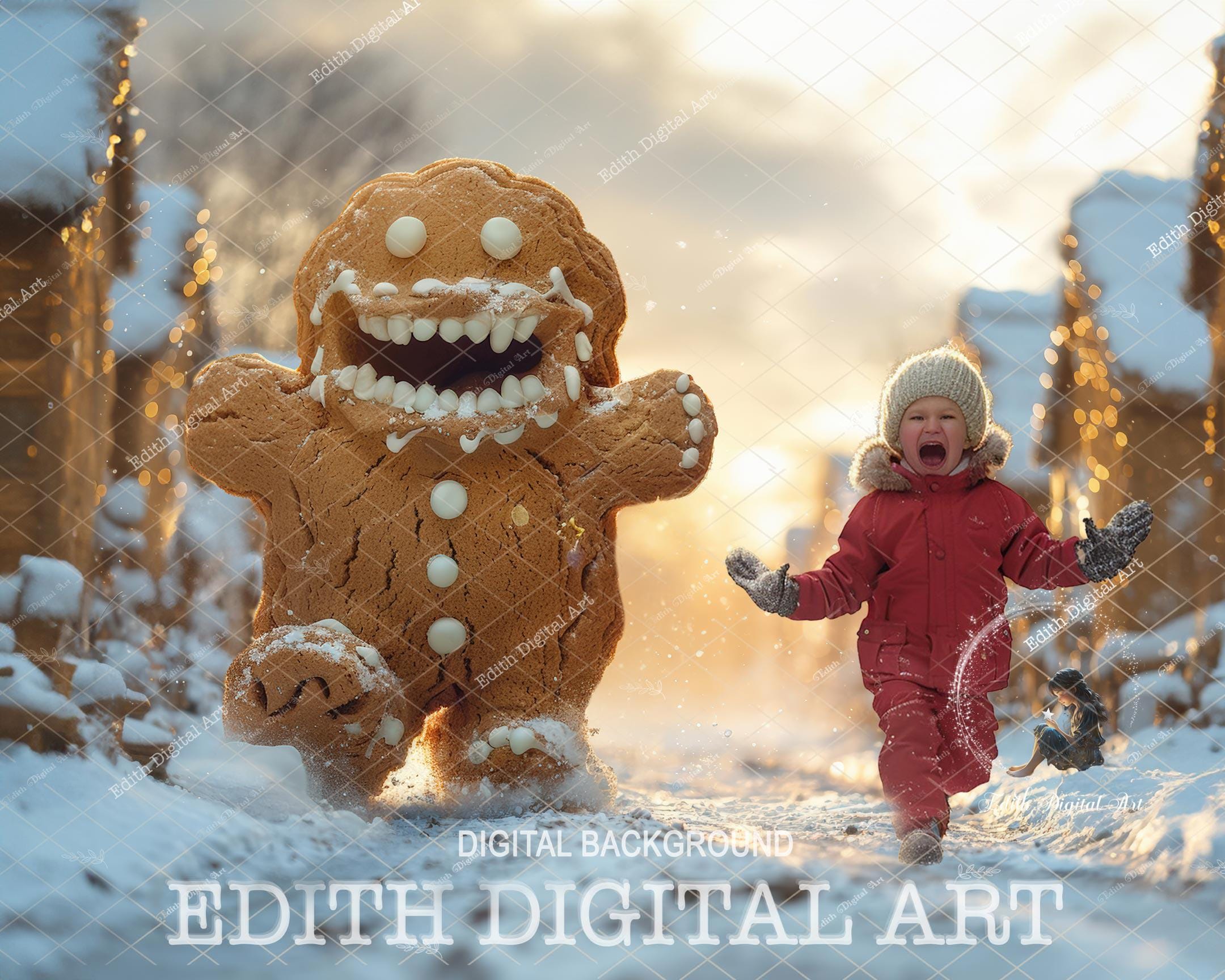 Gingerbread Digital Backdrop, Running From Gingerbread Cookie