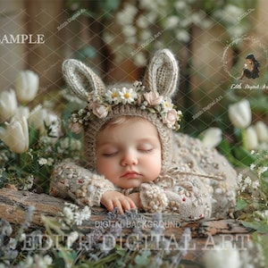 Easter Bunny Newborn Digital Background Photography, Newborn Backdrop Composite, Rabbit, Spring Floral Garden, Spring Baby Girl Template