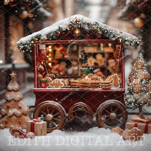 クリスマスのデジタル背景写真、ジンジャーブレッドカート、ジンジャーブレッドショップ、雪の降る街のデジタル背景合成 + 雪のオーバーレイ