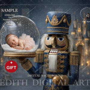 May include: A digital background featuring a blue and gold nutcracker holding a snow globe with a sleeping baby inside. The snow globe has a gold base and is filled with snow. The image includes the text "SAMPLE" and "EDITH DIGITAL ART".