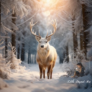 Christmas Digital Background, Christmas Digital Backdrop,  Deer on Winter Snowy Forest, Photoshop Composite, Winter Outdoor Photoshoot 2