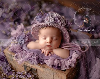 Newborn Digital Backdrop, Purple Photo Prop Digital, Wooden Box, Backround Girl Photography Composite, Studio Portrait, Purple Flowers.