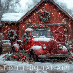 Christmas Red Truck Digital Backdrop, Vintage Truck, Red Barn, Christmas Backdrop Composite, Christmas Background Photography + Snow Overlay