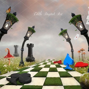 Peut inclure: Une scène fantaisiste avec un chemin damier menant à un horizon brumeux. Le chemin est bordé de lampadaires ornés de verdure et d'un papillon. Des pièces d'échecs, des cartes à jouer et des champignons sont dispersés dans toute la scène. Le texte "Edith Digital Art" est visible dans le haut centre de l'image.