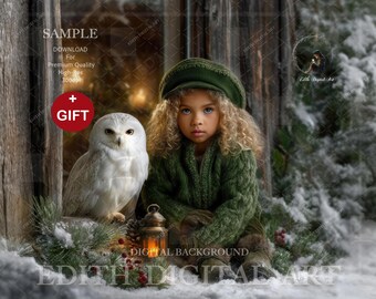 Christmas Digital Backdrop, Snow Vintage Rustic Barn Door With Owl & Lantern, Holiday Background Photo Composite For Children Photography