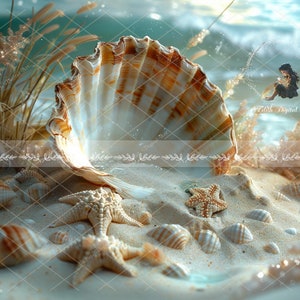 May include: A large seashell with a white and brown interior sits on a sandy beach with starfish, smaller seashells, and a blue ocean in the background.