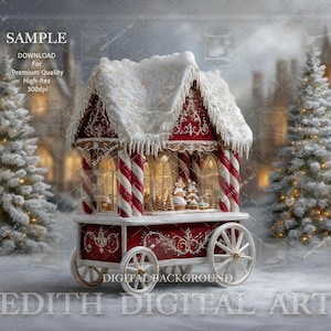 Fondo digital de carrito de jengibre navideño rojo, puesto de dulces, escena de invierno nevado, descarga de fondo para estudio fotográfico navideño