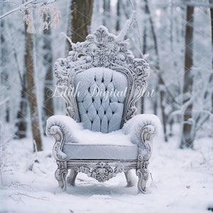 Winter Digital Backdrop Christmas Digital Background, Enchanted Forest, A Snow Winter Chair for Christmas Portrait,  Christmas Overlay