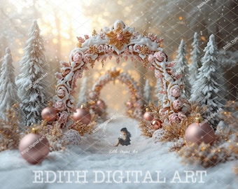 Gingerbread Arch Background Photography, Snowy Candyland Archway, Snow Forest Path, Christmas Digital Backdrop Composite, Family, Kids, Pets