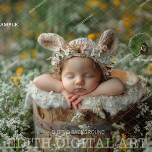 Newborn Digital Background Photography, Newborn Photo Prop Digital Composite, Baby Girl Backdrop Portrait, Wooden Bucket at Spring Field