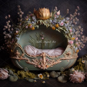Newborn Digital Wooden Bed, Newborn Digital Background, Princess Floral Crib, Newborn Composite Photography Studio, Spring Digital Photo.