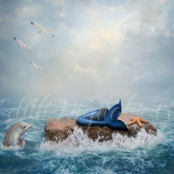 Mermaid Digital Backdrop, Dolphin Background, Fantasy Kids Photography,  Photoshop Composite. Sea Ocean Digital Background, Mermaid in  Rock