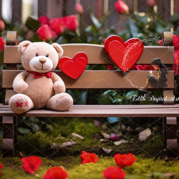 Valentines Background Photography, Teddy Bear Sitting On Love Wooden Bench at Valentines Day, Valentines Digital Backdrop for Kids or Pets.