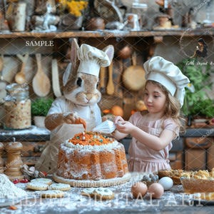Ostern Digitaler Hintergrund Fotografie zusammengesetzt, Karottenkuchen backen mit Osterhase Digitaler Hintergrund, lustige Kinder Porträt, digitale Küche