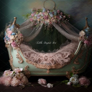 Princess Newborn Digital Bed, Newborn Digital Background, Floral Gold Baby Crib, Newborn Composite Photography Studio, Spring  Digital Photo