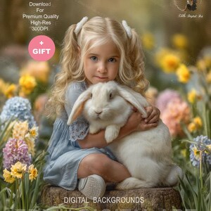 May include: A young girl with blonde pigtails in a blue dress cuddles a fluffy white rabbit. The scene is set in a garden with colorful flowers and the text "SAMPLE" and "GIFT". The image is a digital background.