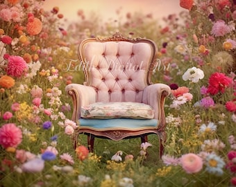 Spring Floral Field with Wild Flowers, Digital Backdrop Photography, Nature Background with Blue Chair for Portrait Photoshoot Overlay.