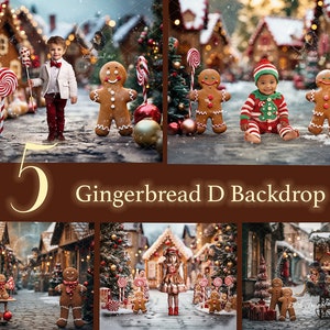 5 Christmas Gingerbread Backgrounds Photography, Christmas Digital Backdrop Composite, Gingerman Background at Candyland. Free Snow Overlay.