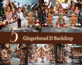 5 Christmas Gingerbread Backgrounds Photography, Christmas Digital Backdrop Composite, Gingerman Background at Candyland. Free Snow Overlay.